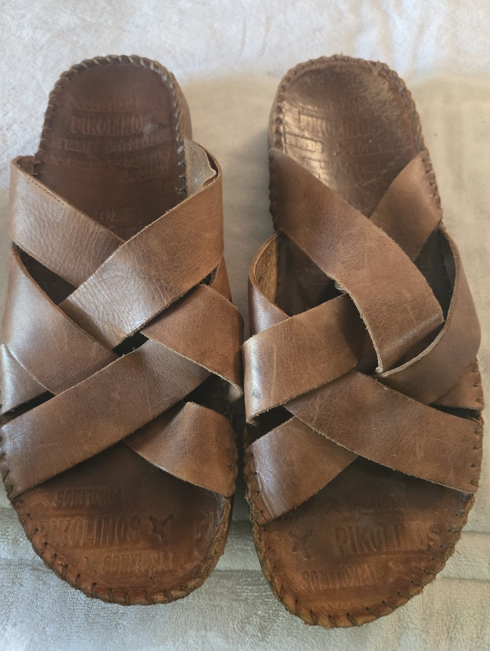 PIKOLINOS Tan Brown Leather Woven Cross-Strap Sandals Size 42/8.5